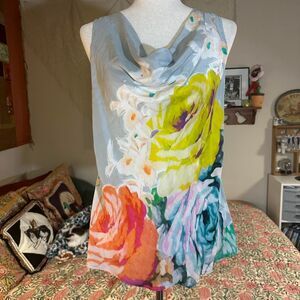 Hype Floral Grey Silk Cowl Neck Tank Top